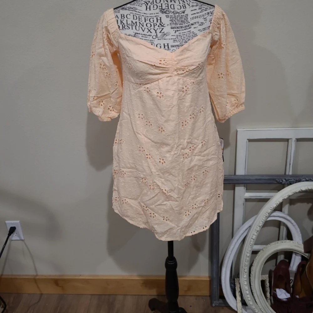 NWT City Studios Jr. Sz S Peach Eyelet Mini Dress off shoulder romantic Coquette